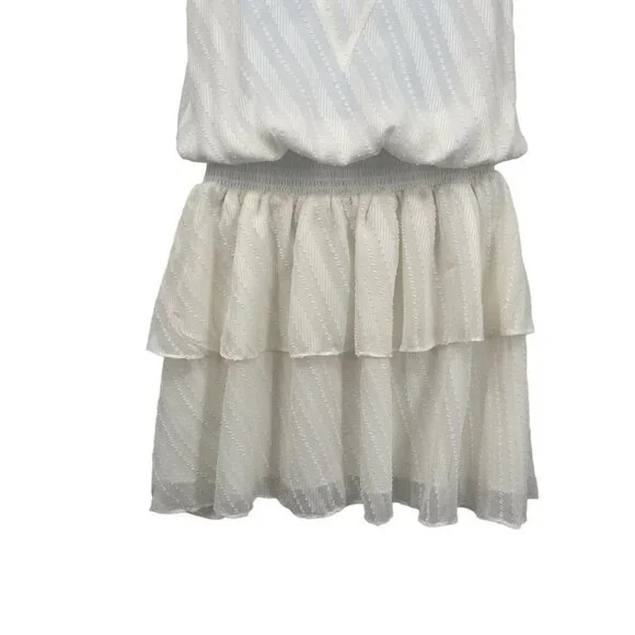 Ramy Brook Carl Deep V-Neck Smocked Tiered Textured Ruffle Mini Dress Ivory - Picture 8 of 11